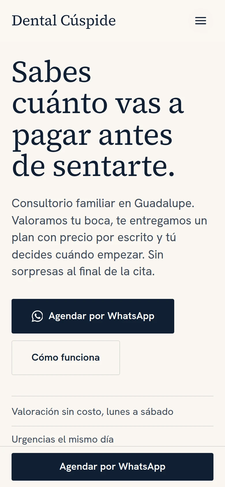 Página de Dental Cúspide en celular