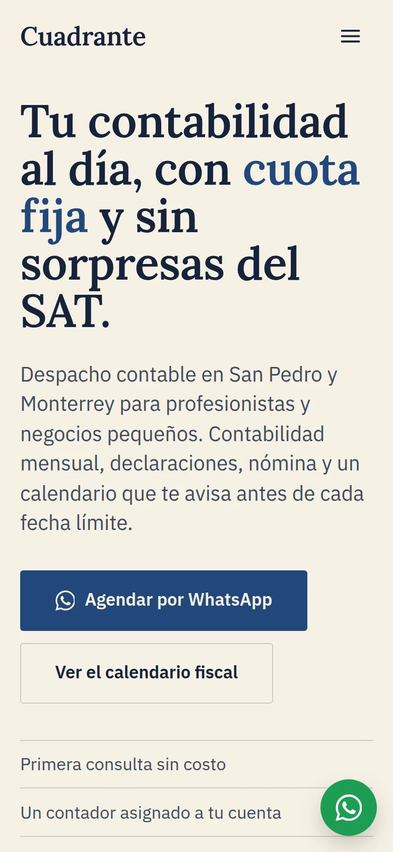 Página de Cuadrante Contadores en celular
