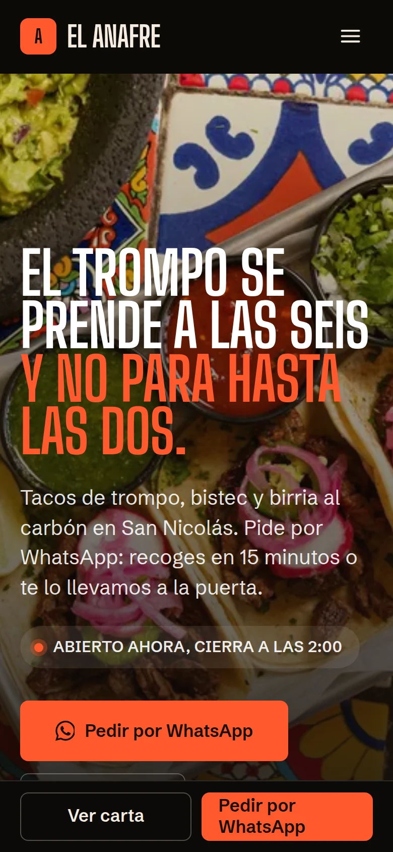 Página de Taquería El Anafre en celular