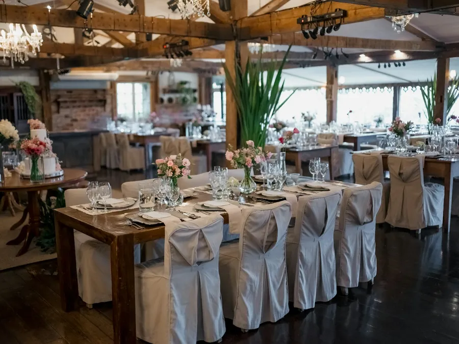Salón rústico con mesas de madera montadas