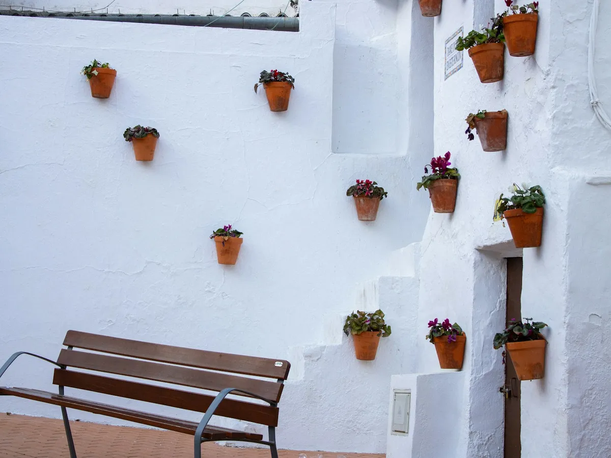Macetas de barro con flores en la pared de entrada y la banca de espera