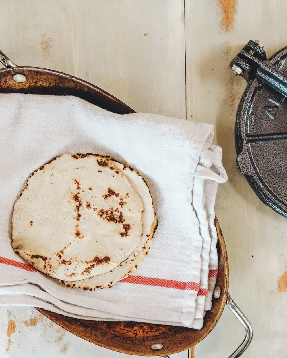 Tortillas de maíz recién hechas junto a la prensa